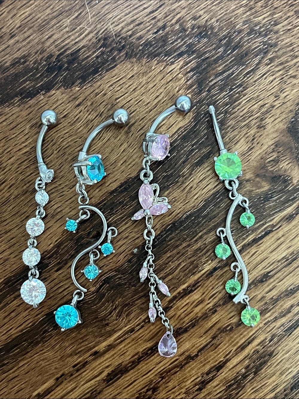 Silver-Tone Dangle Belly Ring Set with Blue, Pink & Green Crystals